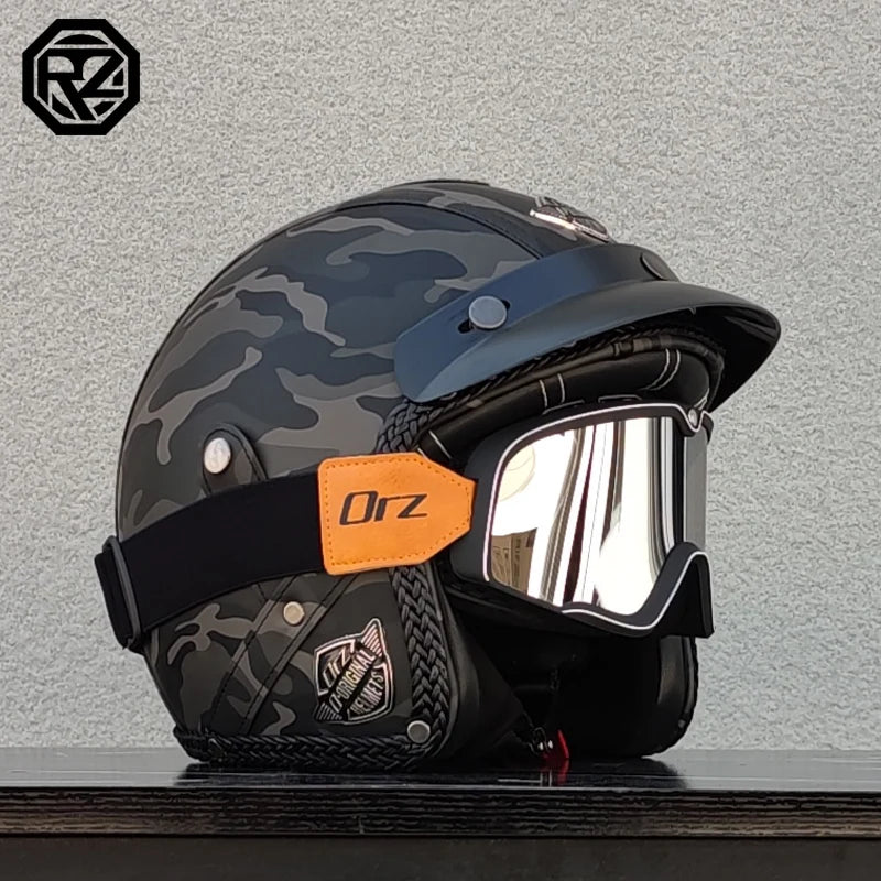 PU leather retro coffee shop racing 3/4 jet exposed motorcycle helmet, adult men's and women's cruiser scooter half helmet
