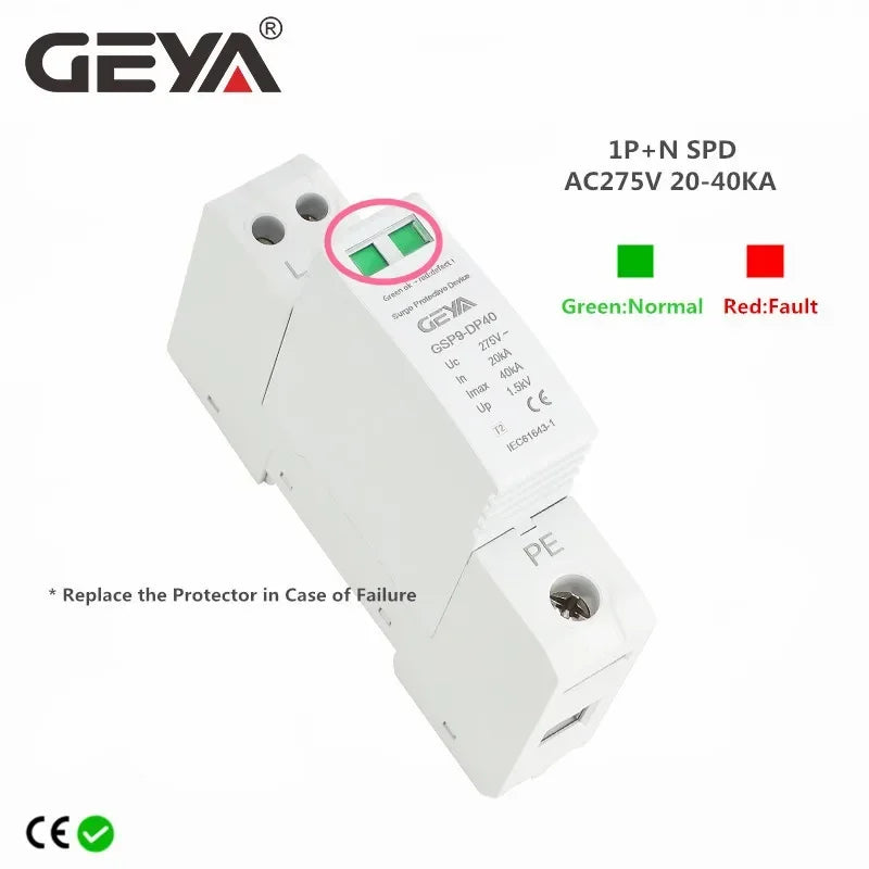 GEYA GSP9 1P+N/2P 18mm SPD ឧបករណ៍ការពារការកើនឡើង 20~40KA ឧបករណ៍ការពាររន្ទះ ឧបករណ៍បញ្ឈប់វ៉ុលទាប AC275V SPD