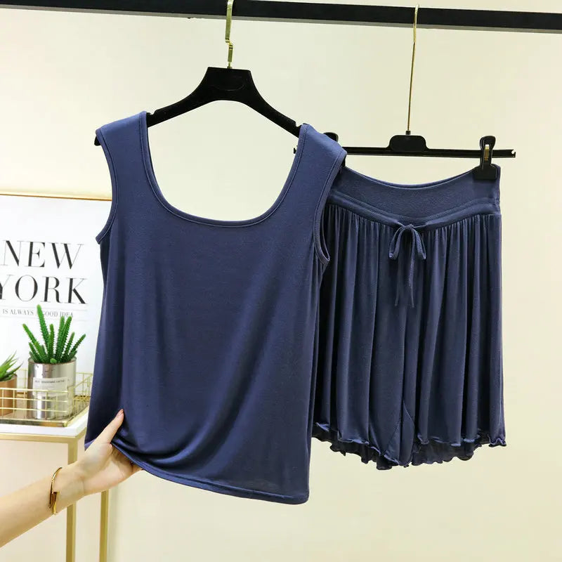 Women's Pajamas Modal Wide Shoulder Double U-neck Vest Shorts Two-piece Set Loose Plus Size Home Suit  Pijama Mujer M-6XL