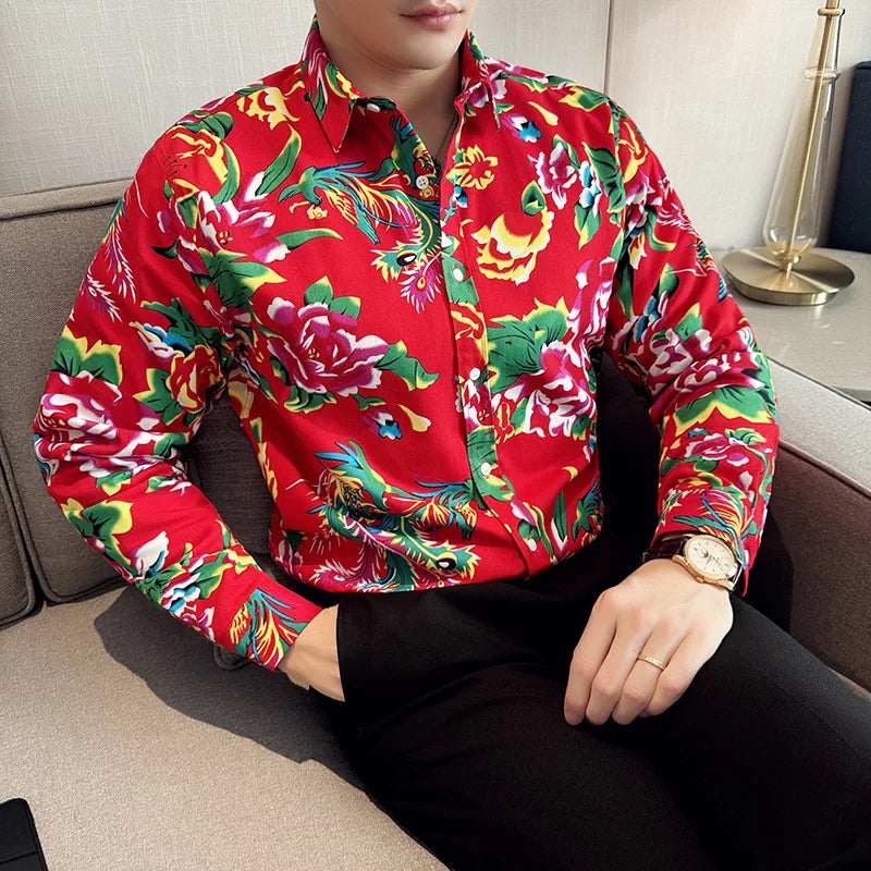 2026 Men's Red Printed Long Sleeve Shirts, Single-Breasted Square Collar Shirt, Chinese Nostalgia Style Tops Camisa Male Chemise