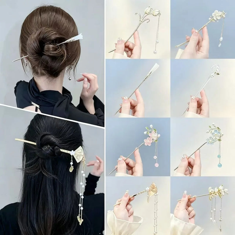 New Chinese Style Flower Tassel Hairpin, Pearl Hair Stick, Elegant Vintage Hair Fork Women Wedding Hair Accessory