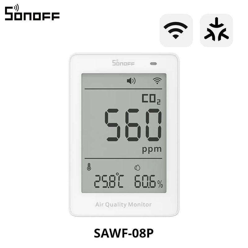 SONOFF AirGuard CO2 Matter Over WiFi Air Quality Monitor SAWF-08P Temperature Humidity Meter Sound & Light Alarm Historical Data