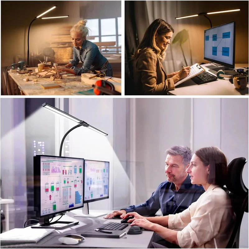 2-Head LED Desk Lamp Clip 5 Modes 10 Brightness Levels Adjustable Angle USB Suitable for Reading Learning Piano Monitor Office