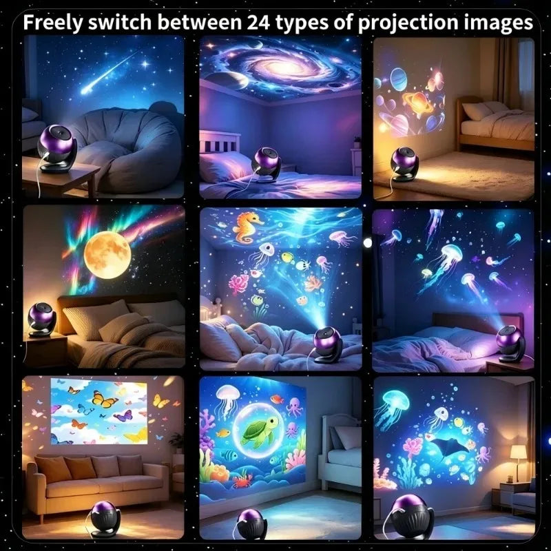 ភ្លើងពេលយប់ Projector ផ្កាយសមុទ្រ Galaxy បង្វិលដោយស្វ័យប្រវត្តិ កម្មវិធីកំណត់ពេលវេលា 24 លំនាំ Projector បង្វិលបាន 360° LED Projector ចង្កៀងសម្រាប់អំណោយកុមារ