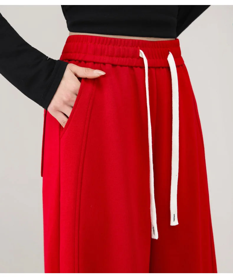 Bright Red Women's High-waisted Wide-leg Pants; Black Athletic and Casual Trousers for Spring and Fall; Asian Sizes S–XXL.