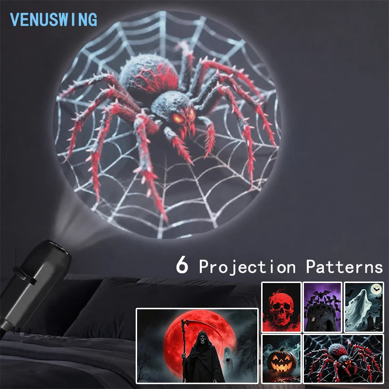 ម៉ាស៊ីនបញ្ចាំង LED Halloween 6 លំនាំគួរឱ្យខ្លាច ភ្លើងបញ្ចាំងលលាដ៍ក្បាល ភ្លើងពេលយប់ USB ចង្កៀងបញ្ចាំងលំនាំអាបធ្មប់សម្រាប់ជញ្ជាំងបន្ទប់