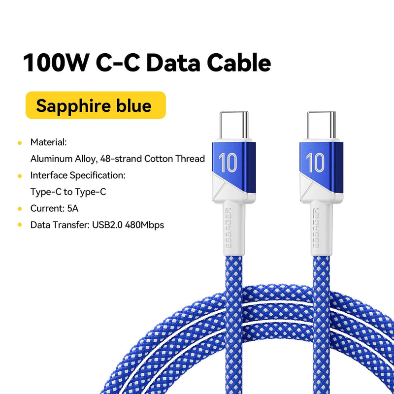ខ្សែសាក ESSAGER 100W 5A USB C ទៅ USB C សម្រាប់ iPhone 17 16 15 14 Pro Max MacBook iPad Laptop សាកថ្មលឿន ក្រុមបាល់ទាត់ ពណ៌ ខ្សែ