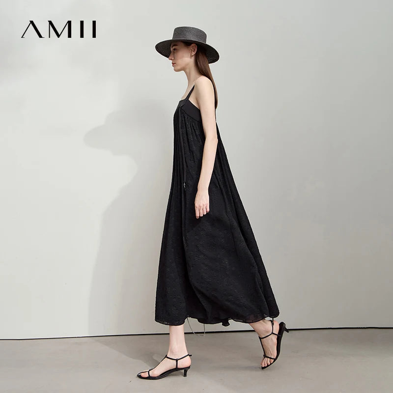 Amii Minimalist Women's Vacation Sundress 2026 Summer New Fashion Casual A-Line Wrinkle Black Elegant Strap Dresses 12552046