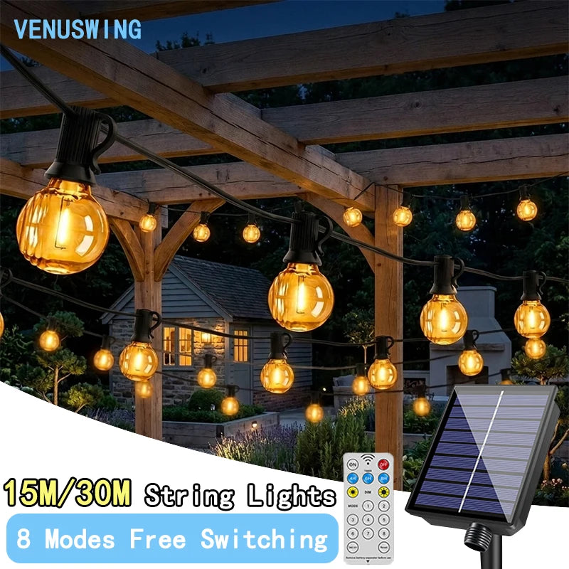 ភ្លើងខ្សែសូឡា G40 ទំហំ 50/100 ហ្វីត អាចបន្ថយពន្លឺបាន ភ្លើងហ្គាហ្សេបូ 8 របៀប ចង្កៀងប៊ីស្ត្រូ ការពារទឹក ភ្លើងព្យួរសូឡា ធន់នឹងការបែក