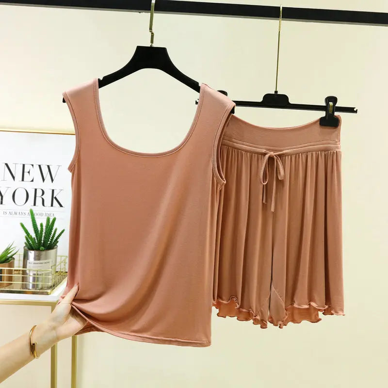 Women's Pajamas Modal Wide Shoulder Double U-neck Vest Shorts Two-piece Set Loose Plus Size Home Suit  Pijama Mujer M-6XL