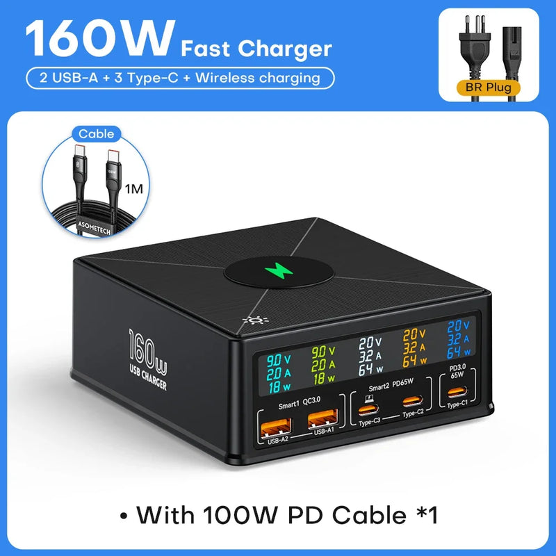 ស្ថានីយសាកថ្មឥតខ្សែ GaN USB 160W 15W អេក្រង់ LCD USB C PD 65W QC ឆ្នាំងសាកលឿនសម្រាប់ iPhone 14 Samsung Xiaomi កុំព្យូទ័រយួរដៃ