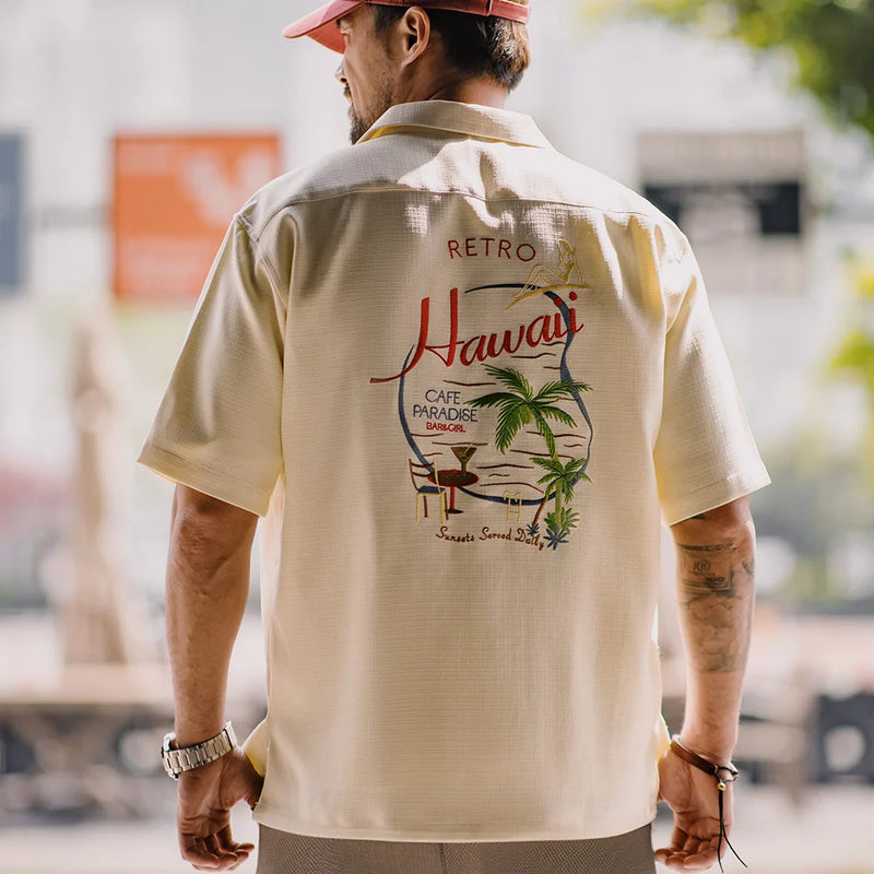 Maden Summer Hawaiian Embroidered Short Sleeve Shirt Men's Cuban Collar Lapel Draping Shirts Daily Vacation Versatile Tops