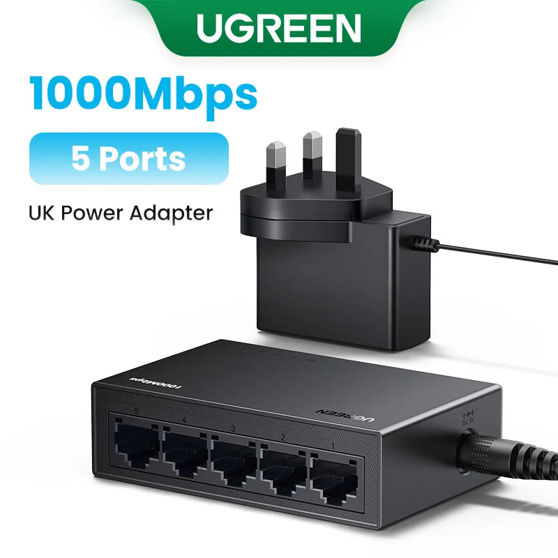 UGREEN Ethernet Switch 1000Mbps Mini Network Expension 5Ports All Gigabit for Router Lan Hub Full/Half Duplex Plug and Play