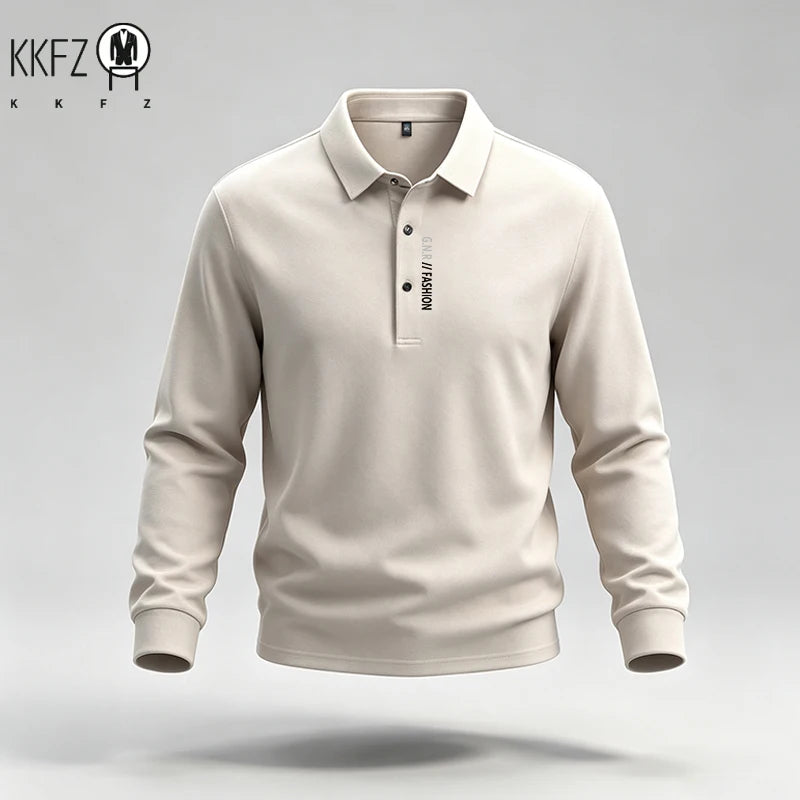 Male Trendy Lapel Collar Polo Top Long Sleeve Button Placket Letter Print For Short Trip Social Meetup And Street Fashion Wear