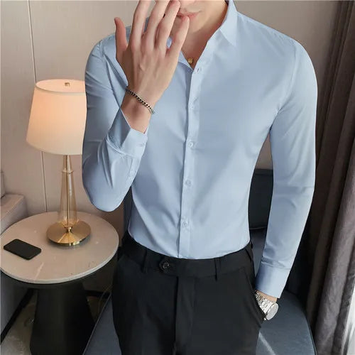 2026 New Men's Dark Green Slim-Fit Long Sleeve Shirt, Fashion Casual Business Top for Man in Black/White