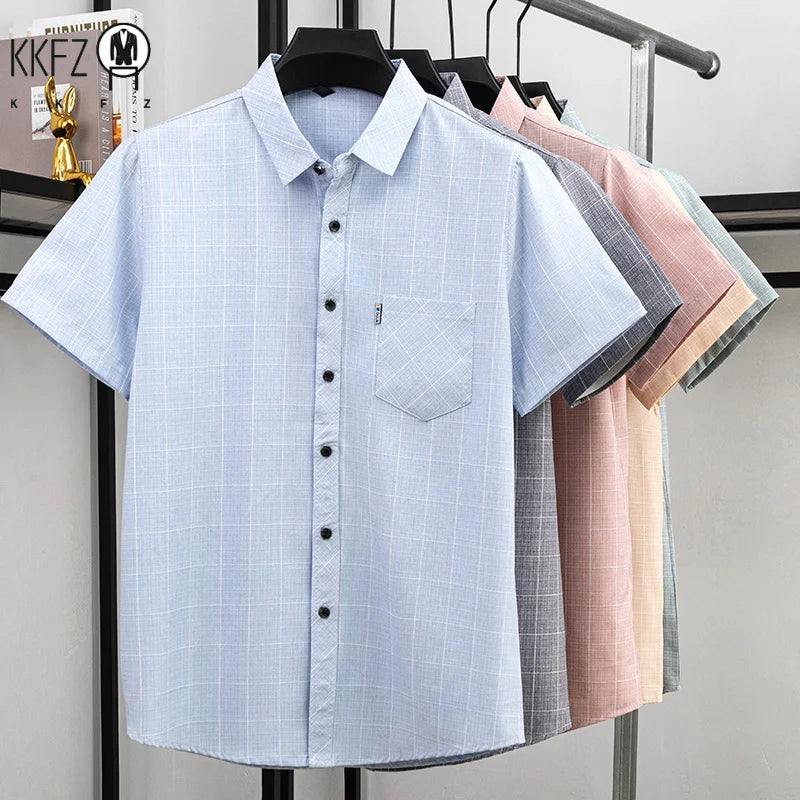 Mens Casual Plaid Short Sleeve Shirt Breathable Light Fabric Turn Down Collar Tops For Spring Summer Daily Wear