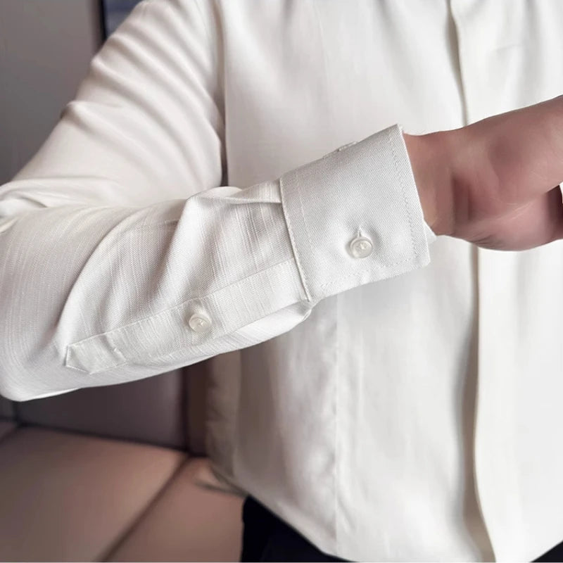 Men's Long-sleeve Slim-fit Stand Collar Shirt, Zhongshan Suit Style, Solid Color Shirt, Chinese Style Slim-fit Shirt.