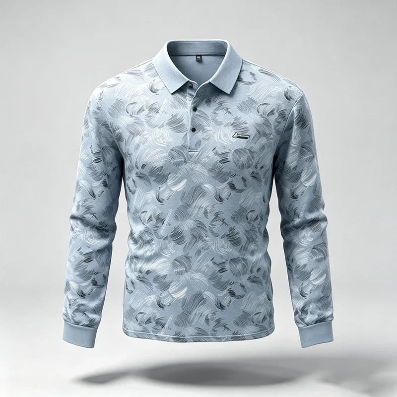 Mens Turn Collar Polo Long Sleeve Tops Premium Printed Material Button Closure Small Logo Decoration Male Clothing