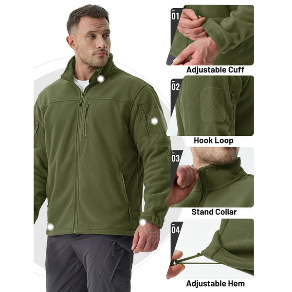 TACVASEN Full Zip Up Green Fleece Jacket Thermal Warm Work Coats Mens Zipper Pockets Casual Hiking Training Outwear Windbreaker