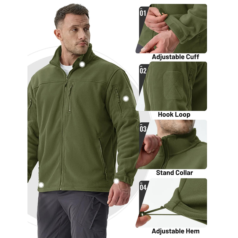 TACVASEN Full Zip Up Green Fleece Jacket Thermal Warm Work Coats Mens Zipper Pockets Casual Hiking Training Outwear Windbreaker
