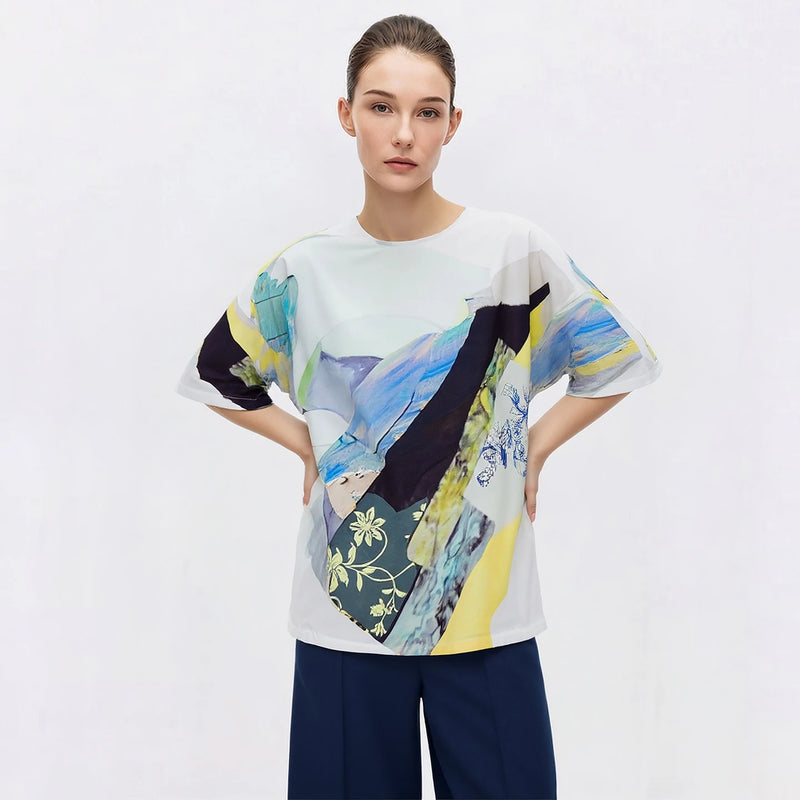 Amii Printed Women's Blouse 2026 Summer New Round Neck Drop Shoulder Chiffon Top Loose Breathable Casual Woman Clothes 12652010