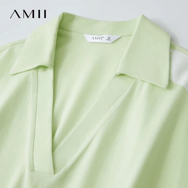 អាវយឺតកប្បាស Amii Minimalist សម្រាប់ស្ត្រីឆ្នាំ ២០២៥ រដូវក្តៅថ្មី V-Neck Pullover រលុងខ្លីស្មាដៃអាវទាន់សម័យសម្រាប់ការធ្វើដំណើរ 12552001