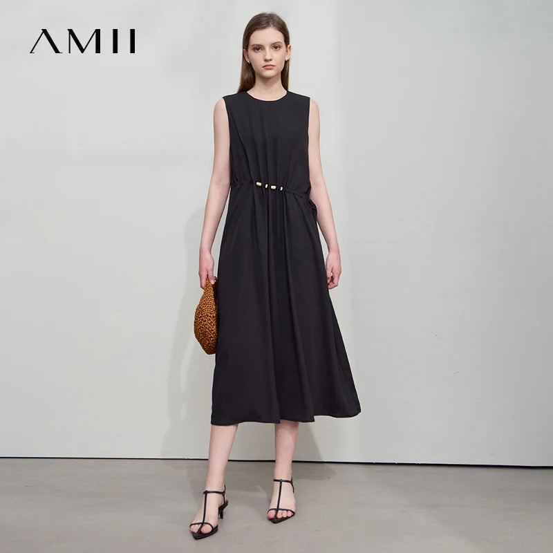 រ៉ូប Amii Minimalism រដូវក្តៅឆ្នាំ ២០២៦ វិជ្ជាជីវៈនារី រ៉ូបវែងរលុង ដៃខ្លី ចង្កេះខ្ពស់ រចនាដោយខ្សែអង្កាំ 12542177