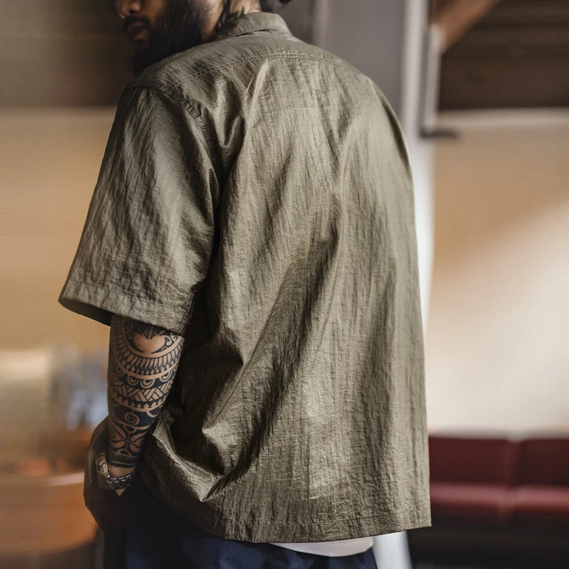 Maden Outdoor Cuban Collar Shirt Men's Summer Lightweight Breathable Short Sleeve Single-breasted Plaid Hiking Street Blouse