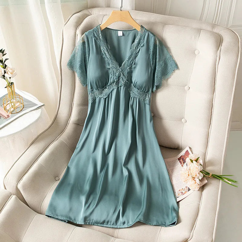 Fdfklak Sexy Silk Satin Thin Short-Sleeved Nightdress Women's Summer Nightgown New Princess Lace Ladies Sleepwear Nightshirt