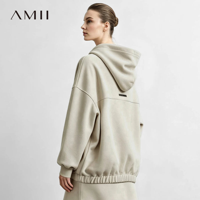 Amii Hooded Pullover Sweatshirt Drawstring Drop Shoulder Loose Fit Slimming Casual 2026 Winter Women's Clothes 12624037