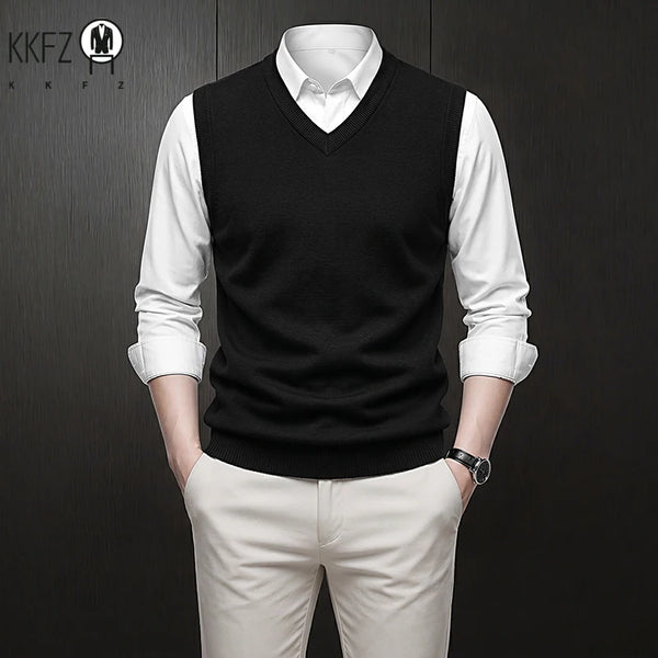V Neck Sleeveless Plain Knit Vest For Men Soft Handfeel Knitwear Business Formal Sweater Tank Top Autumn Layering Clothes