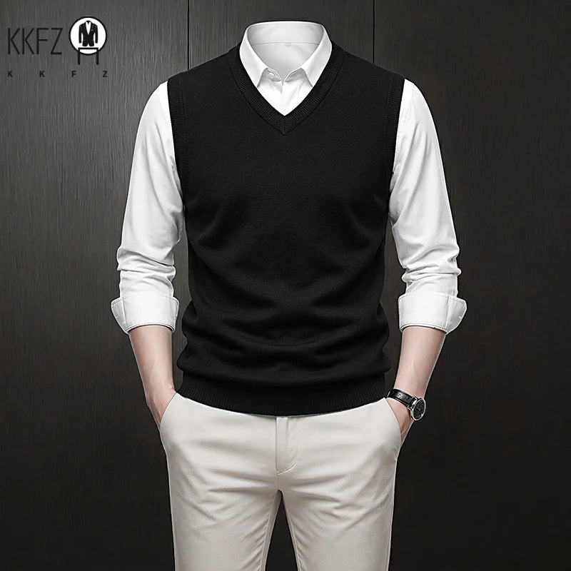 V Neck Sleeveless Plain Knit Vest For Men Soft Handfeel Knitwear Business Formal Sweater Tank Top Autumn Layering Clothes