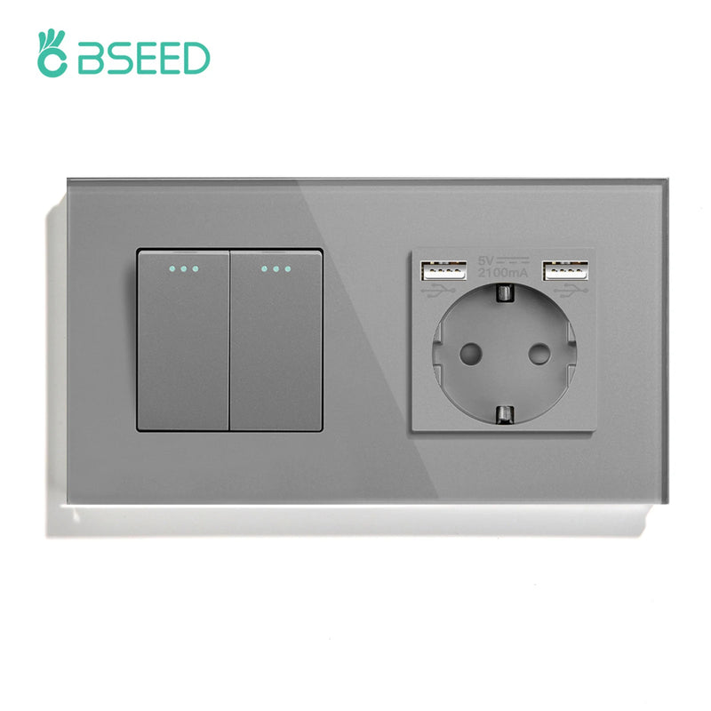 BSEED Mechanical Wall Button Switch 1/2/3Gang 1Way With Wall Power Socket Glass Frame USB Type-C Charge Port Home Improvement