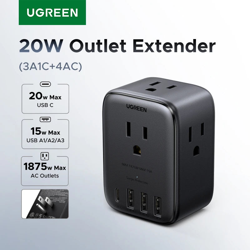 UGREEN Outlet Extender 20W Power Strip with 4 AC Outlets 3 USB A 1 USB C Wall Charger for Home Office Travel 1875W 15A 125V