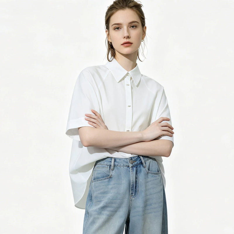 Amii White Women's Shirt 2026 Summer Lapel Collar Metal Button Dolman Sleeve Blouse Simple Loose Casual Top For Women 12642086