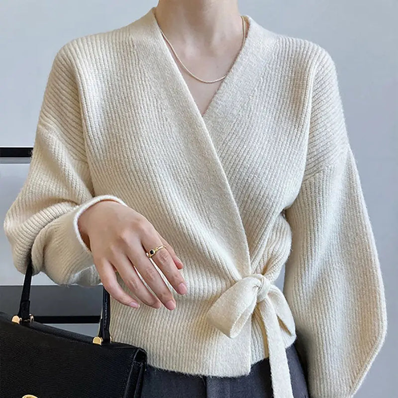 Korean Thin Sweater Outerwear Top Autumn and Winter French V-neck Lace Up Fashion Knitted Cardigan Women Slim Jumper
