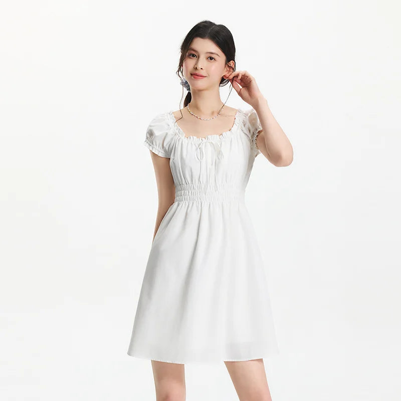 Semir Bowknot Dress Women Youthful 2025 Summer New Playful Square Neck Lace Trim Flirty Short Dress