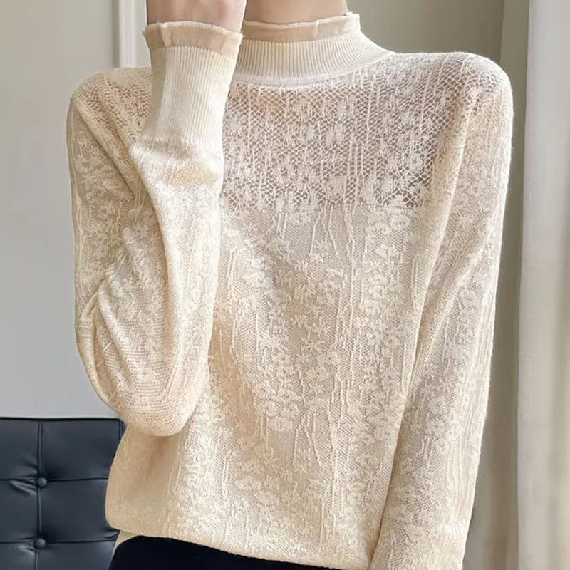 ទាញ Femmes ពាក់កណ្តាល Turtleneck Knitwear កំពូល Elegant Ladies Pullover អាវរដូវស្លឹកឈើជ្រុះរដូវរងា Bottoms ស្លៀកអាវយឺតស្ត្រី Jumper