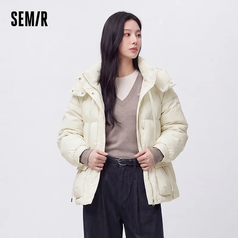 អាវធំស្ត្រី Semir ប្រវែងមធ្យមមានមួក ដៃអាវ Raglan រលុង ៩០ ភាគរយក្តៅ Jacquard រដូវរងា ម៉ូដធម្មតា