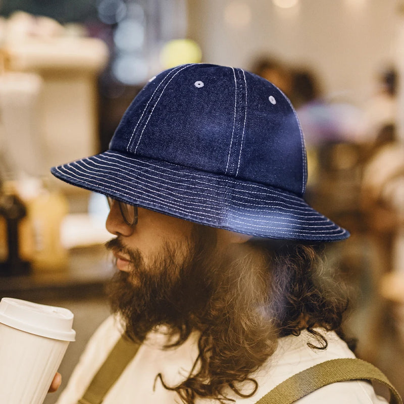 មួក Maden Vintage Denim Blue Bucket Hat មួកមូលមានគែមធំទូលាយសម្រាប់មួកអ្នកនេសាទ Unisex ដែលមានខ្យល់ចេញចូលបាន មួក Denim ធម្មតាសម្រាប់ក្រៅផ្ទះ