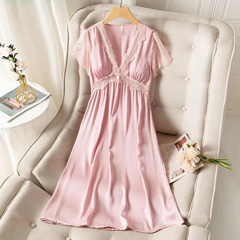 Fdfklak Sexy Silk Satin Thin Short-Sleeved Nightdress Women's Summer Nightgown New Princess Lace Ladies Sleepwear Nightshirt