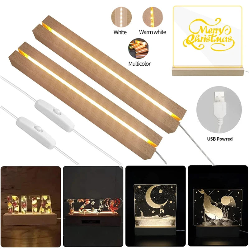 1-2Pcs LED Wood Light Display Rectangular Crystal Wooden Lighted Base Stand Acrylic Lights Plate Base USB for Resin Art Decor