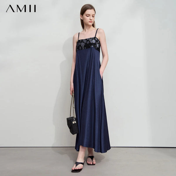 រ៉ូបរដូវក្តៅនារី Amii Minimalism លាយពណ៌ផ្ទុយគ្នា ក្រណាត់ Jacquard រ៉ូបឆើតឆាយ រ៉ូបពិធីជប់លៀងរលុង សម្លៀកបំពាក់ 12542162