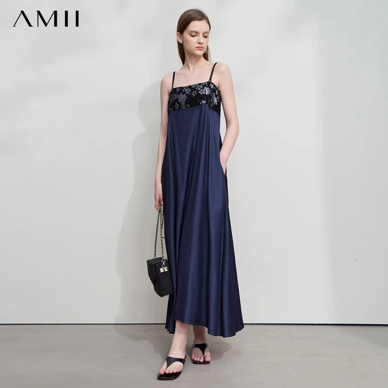 រ៉ូបរដូវក្តៅនារី Amii Minimalism លាយពណ៌ផ្ទុយគ្នា ក្រណាត់ Jacquard រ៉ូបឆើតឆាយ រ៉ូបពិធីជប់លៀងរលុង សម្លៀកបំពាក់ 12542162