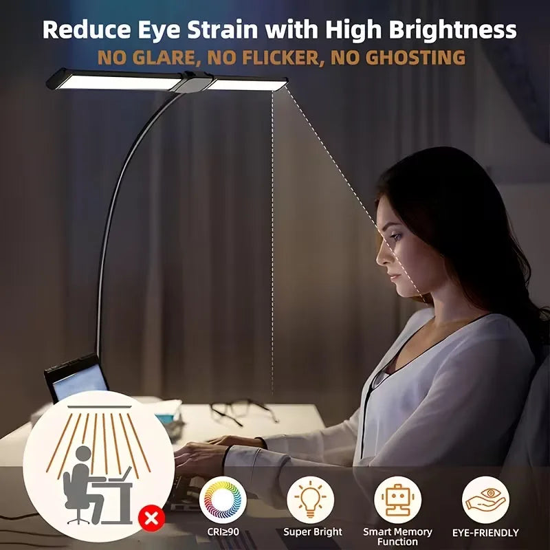 2-Head LED Desk Lamp Clip 5 Modes 10 Brightness Levels Adjustable Angle USB Suitable for Reading Learning Piano Monitor Office