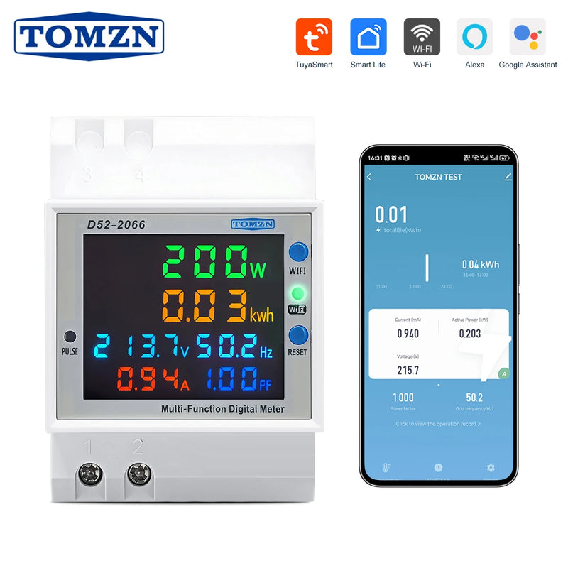 TOMZN WiFi Smart 6-in-1 DIN Rail AC Monitor–Voltmeter Current Power Factor Active KWh Energy Meter Frequency 110V–220V 100A TUYA