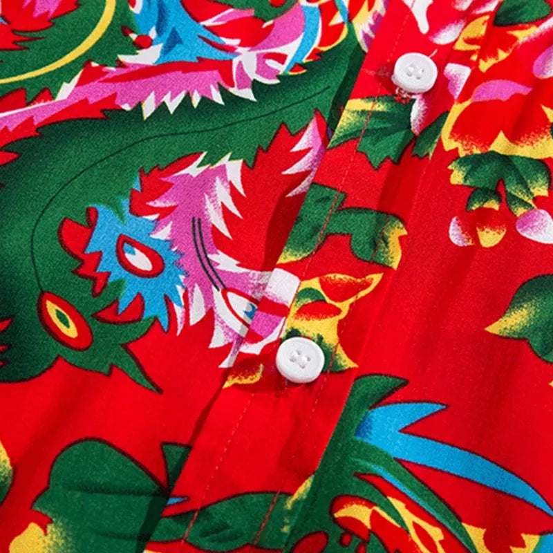 2026 Men's Red Printed Long Sleeve Shirts, Single-Breasted Square Collar Shirt, Chinese Nostalgia Style Tops Camisa Male Chemise