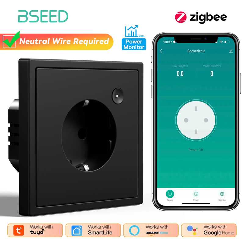 BSEED E Series Zigbee Socket Power Monitor Function Smart Electric Outlets Tuya Smart Life Google Home Control Plastic Frame