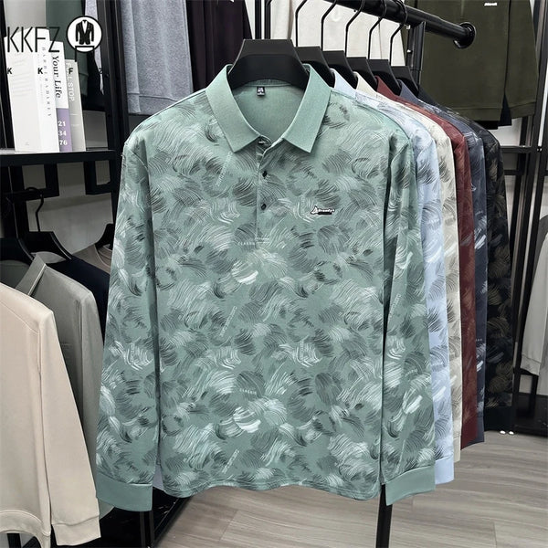 Men Breathable Mesh Polo Short Sleeve Lap Collar Abstract Feather Print Button Placket Relax Daily Wear Top