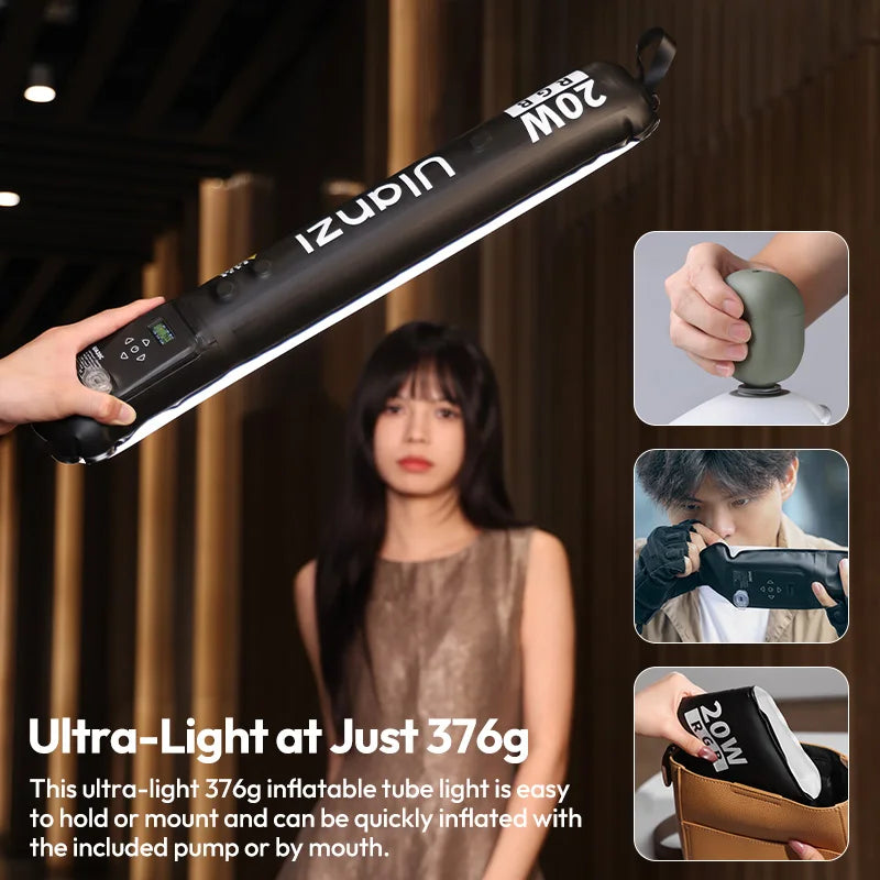 ភ្លើងបំពង់ខ្យល់ម៉ាញេទិក Ulanzi UA20C 20W RGB ភ្លើងវីដេអូបត់បាន 1800-10000K CRI 95+ ពន្លឺពេញសម្រាប់ការថតរូបផ្សាយផ្ទាល់